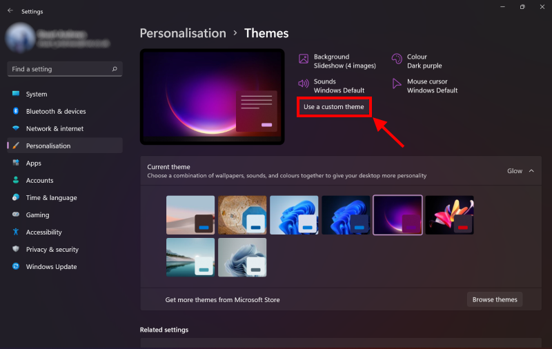 Click Use a custom theme to personalise your Dark Mode theme
